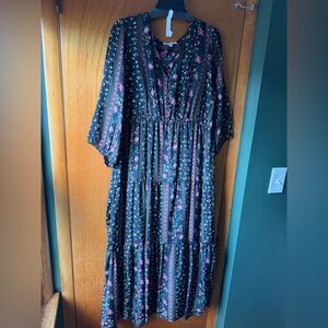 Black Floral Tiered Maxi Dress with Pink Accents by